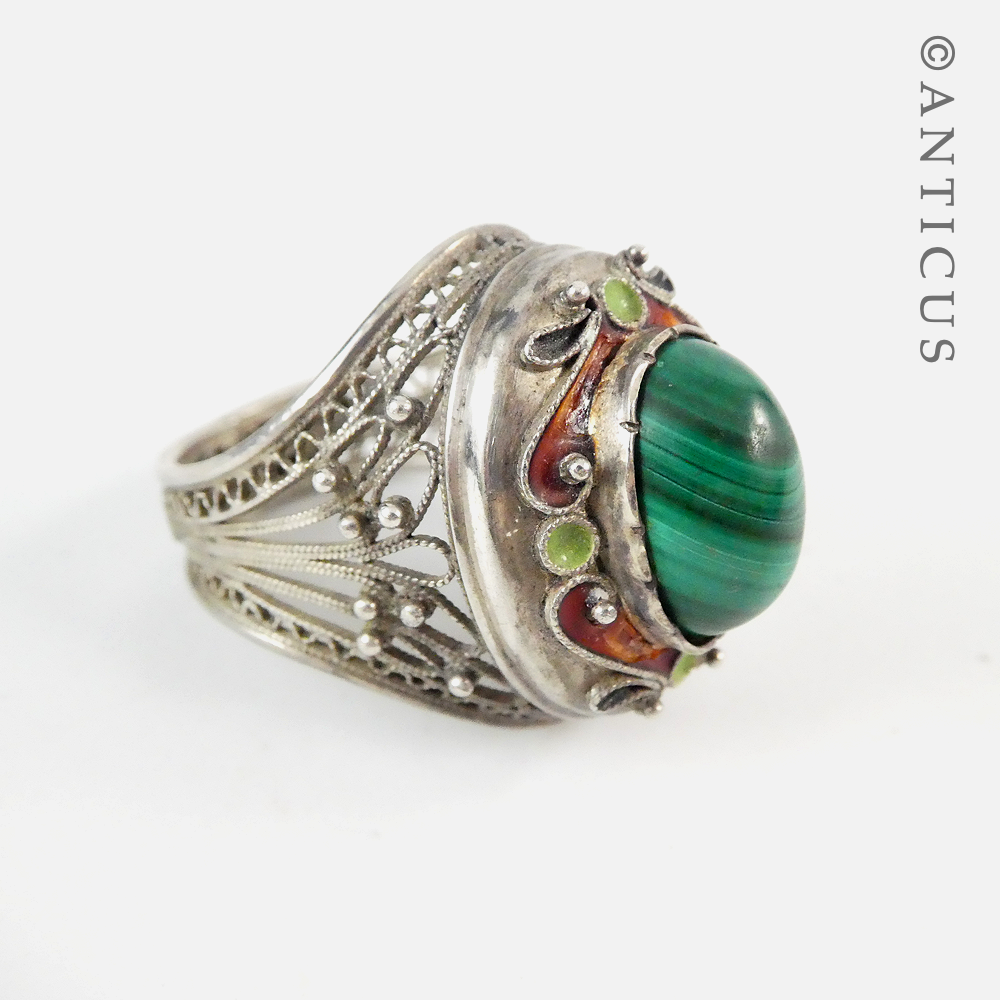 Silver Filigree, Malachite and Enamel Ring.