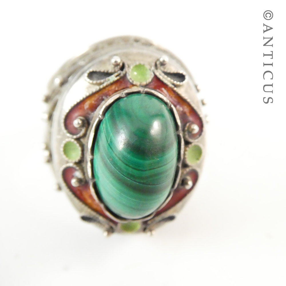 Silver Filigree, Malachite and Enamel Ring.