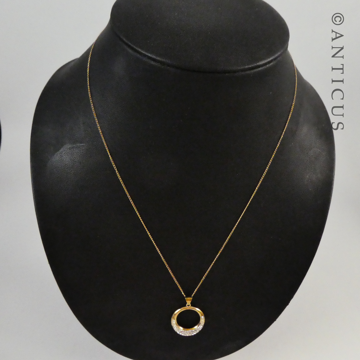 Gold Circle Pendant and Chain with Crystals.