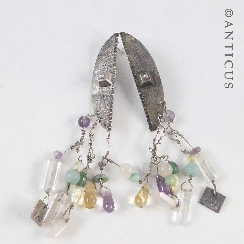 Pair Sterling Silver Semi-Circle Earrings with Dangles.