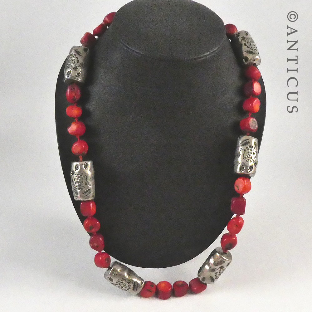 Red Dyed Coral Necklace with Silver Metal