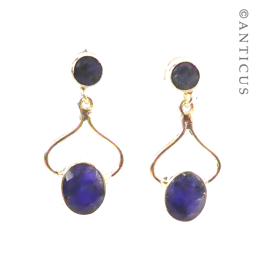 Pair of Silver and Sapphire Drop Earrings.