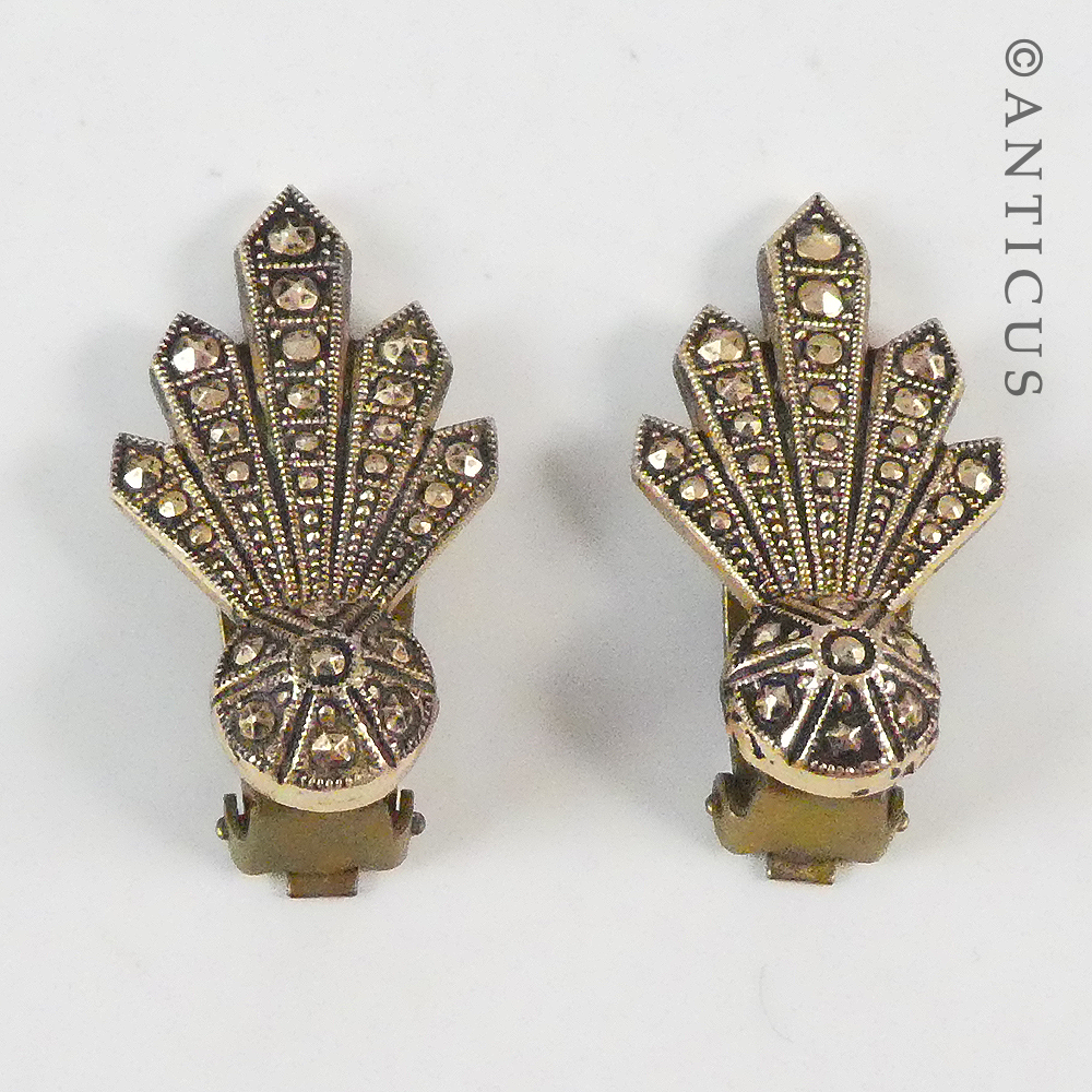 Clip Earrings, Art Deco, Gilded Marcasite Effect.