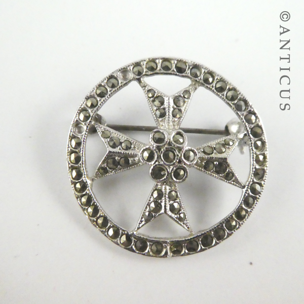 Marcasite Costume Brooch, Maltese Cross, signed.