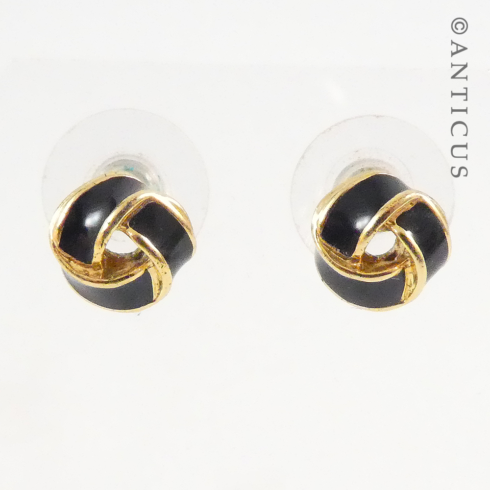 Pair Small Enamel and Gold Knot Earrings.