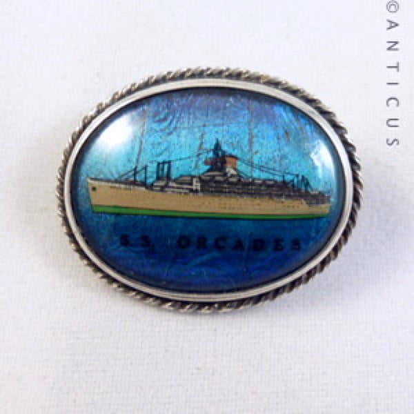 Ship S.S. Orcades Butterfly Wing and Sterling Silver Brooch.