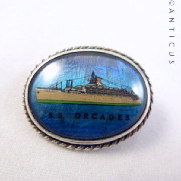 Ship S.S. Orcades Butterfly Wing and Sterling Silver Brooch.