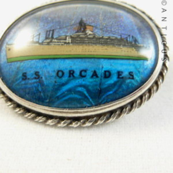 Ship S.S. Orcades Butterfly Wing and Sterling Silver Brooch.