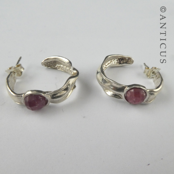 Silver Hoop Earrings with Rubies.