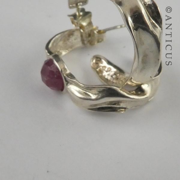 Silver Hoop Earrings with Rubies.