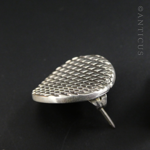 Concave Silver Disc Earrings with Hatched Design.