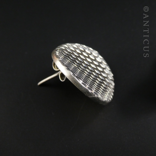 Concave Silver Disc Earrings with Hatched Design.