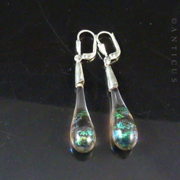 Dichroic Glass Earrings, Hand Made, Silver Mounted.