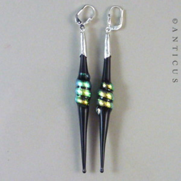 Hand Made Dichroic Glass Drop Earrings.