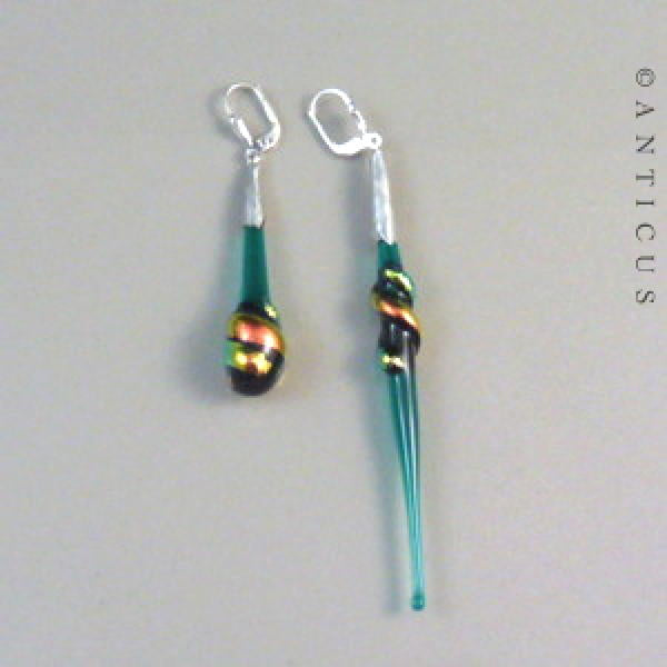 Dichroic Glass and Silver Asymetrical Earrings.