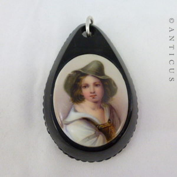 Painted Portrait Pendant, Large English Jet Mount.