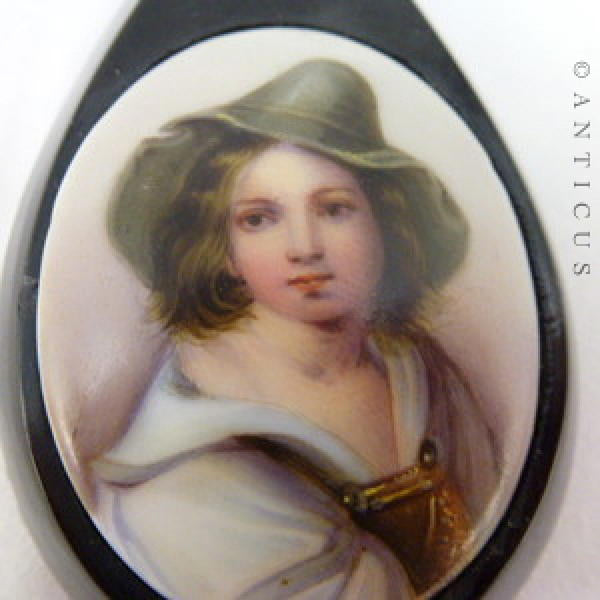 Painted Portrait Pendant, Large English Jet Mount.