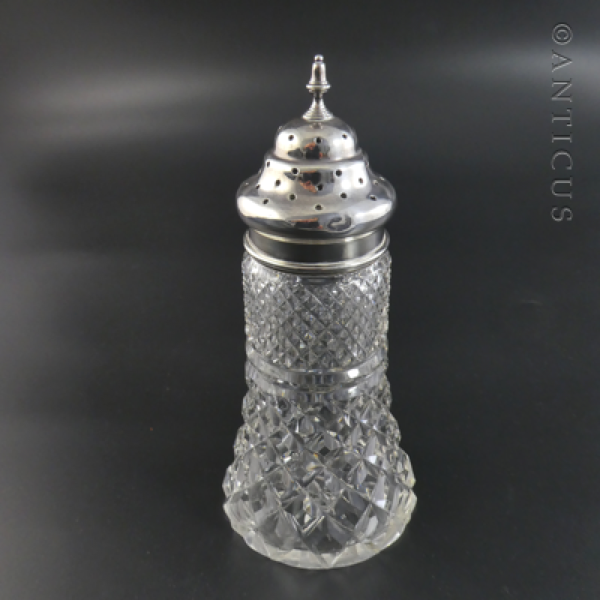 Sterling Silver Capped Crystal Sugar Castor, 1928.)