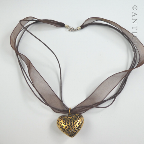 Polished Bronze Heart Pendant on Organza Ribbon.