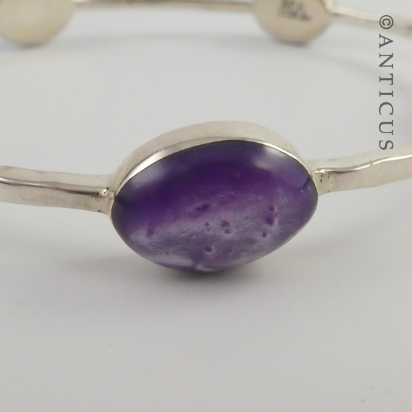 Beaten Silver Bangle with Purple Stones.