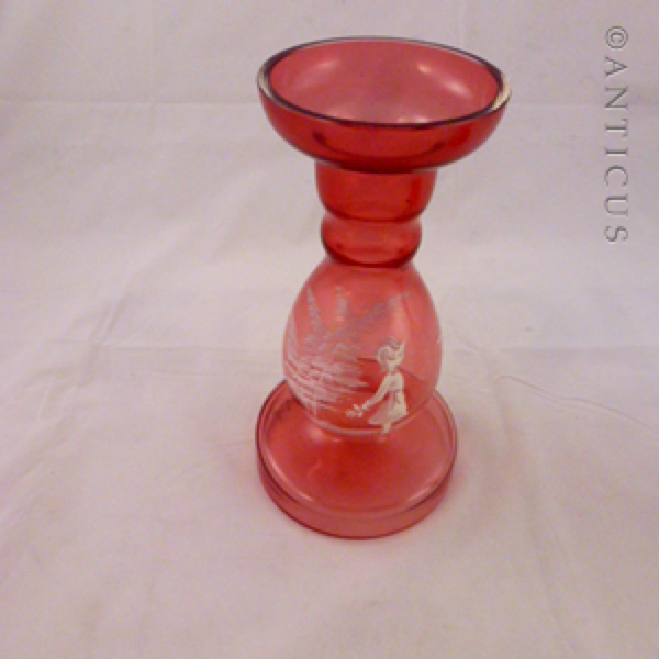 Pair Mary Gregory Enamelled Vases, Cranberry Glass.