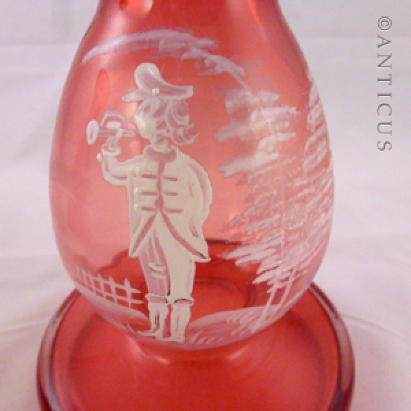 Pair Mary Gregory Enamelled Vases, Cranberry Glass.