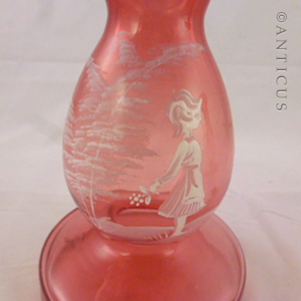 Pair Mary Gregory Enamelled Vases, Cranberry Glass.