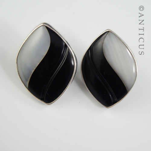 Black and White Art Glass Earrings, Silver Framed.