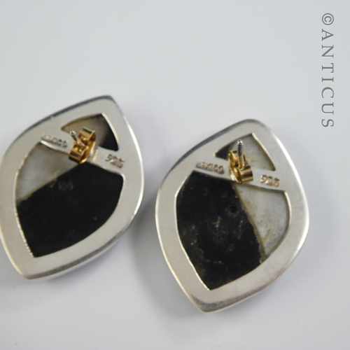 Black and White Art Glass Earrings, Silver Framed.