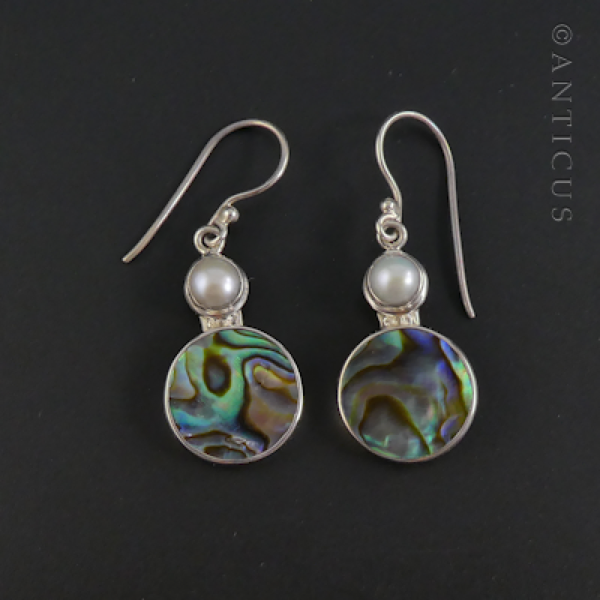 Drop Earrings, Silver, Pearl and Paua Shell.