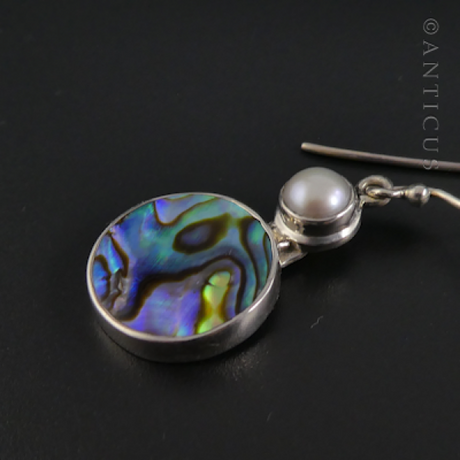 Drop Earrings, Silver, Pearl and Paua Shell.
