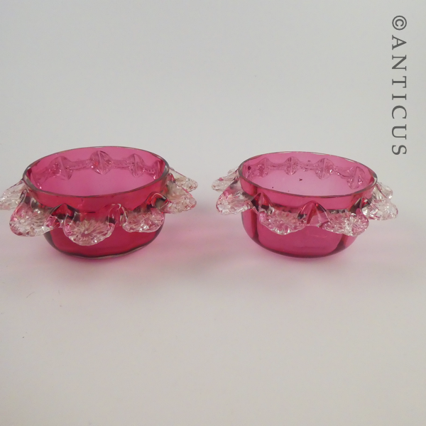 Pair of Cranberry Glass Small Bowls, Frilled Edges.