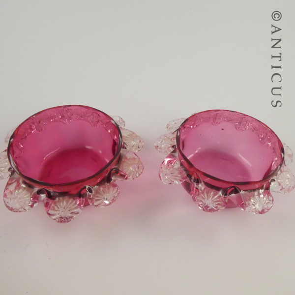 Pair of Cranberry Glass Small Bowls, Frilled Edges.