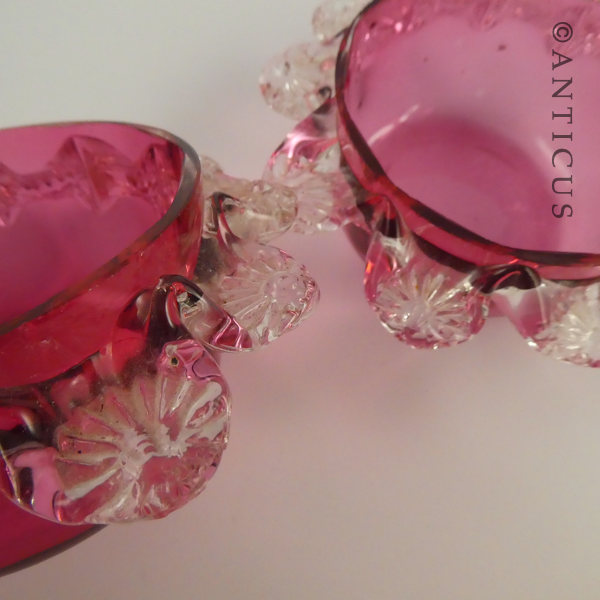 Pair of Cranberry Glass Small Bowls, Frilled Edges.