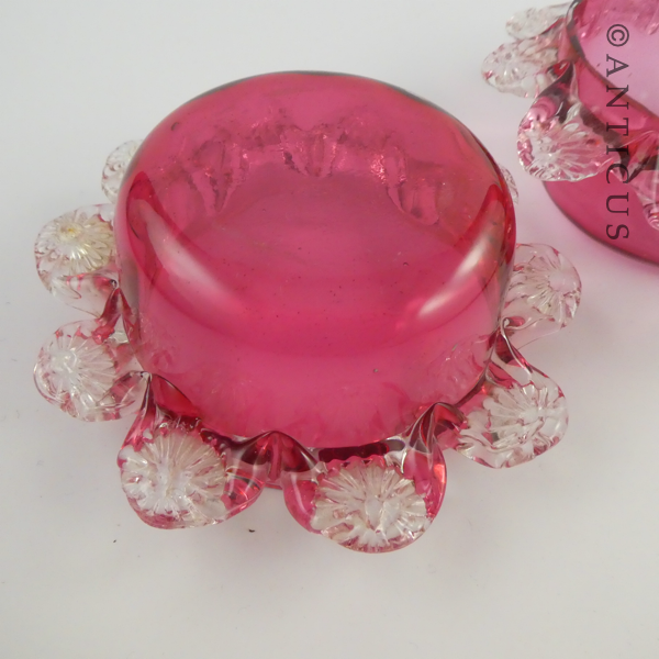 Pair of Cranberry Glass Small Bowls, Frilled Edges.