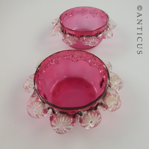 Pair of Cranberry Glass Small Bowls, Frilled Edges.