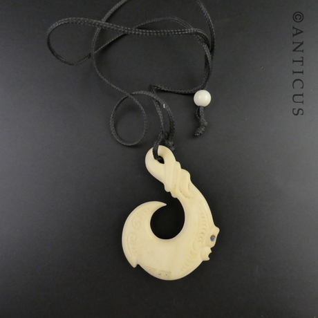Carved Bone Maori Fish-Hook Pendant.