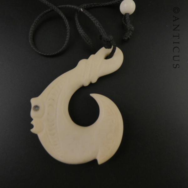 Carved Bone Maori Fish-Hook Pendant.