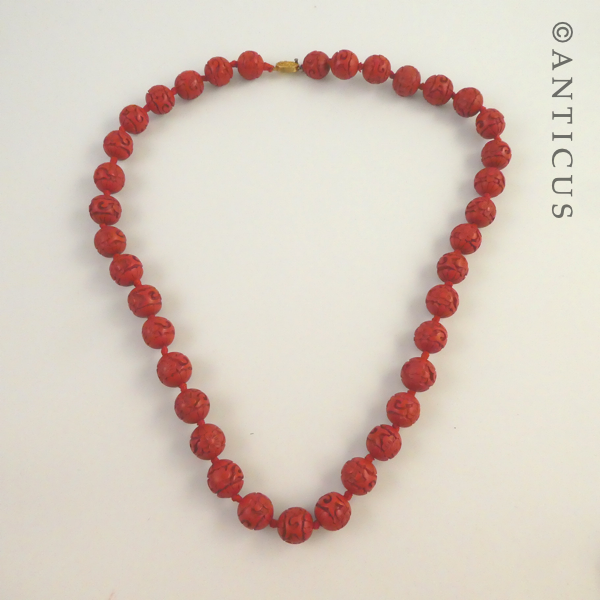 Chinese Carved Cinnabar Lacquer Necklace.