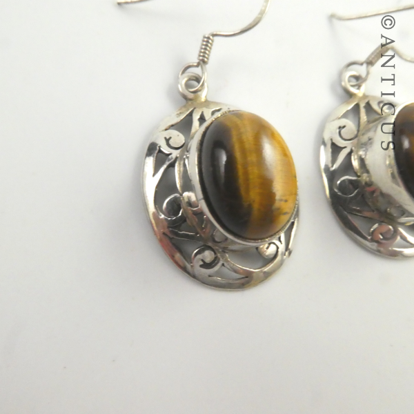Silver and Tiger's Eye Drop Earrings.