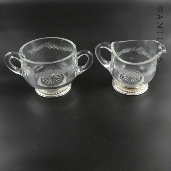 Sugar and Creamer, Etched Glass, Silver Plate.