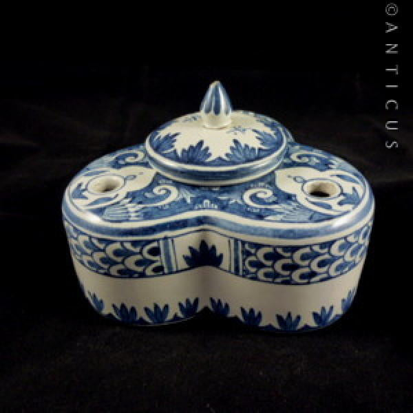 Blue and White Faience Inkwell, Handpainted.