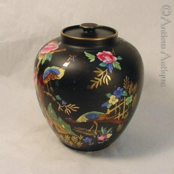 Crown Devon Asiatic Pheasant Black Ginger Jar.