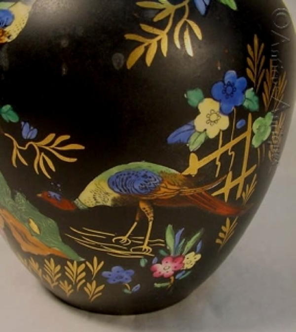 Crown Devon Asiatic Pheasant Black Ginger Jar.