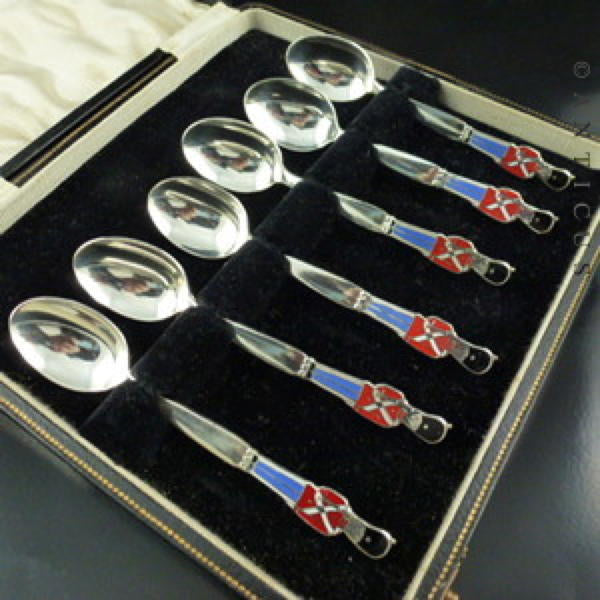 Boxed Danish Silver Plate and Enamel Guardsman Spoons.