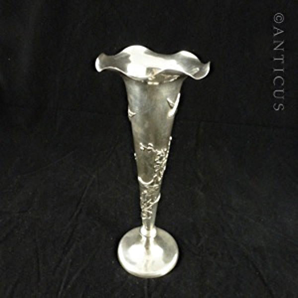 Chinese Export Silver Bud Vase, Birds Decoration.