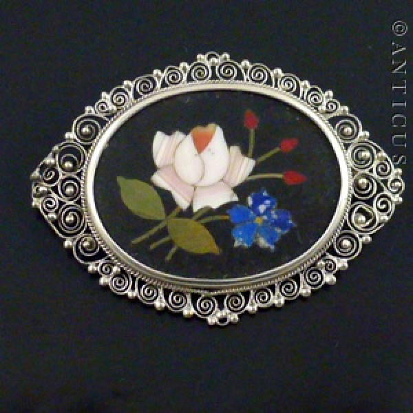 Pietra Dura Brooch, Framed in Silver Filigree.