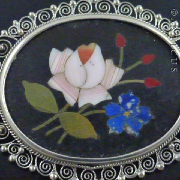 Pietra Dura Brooch, Framed in Silver Filigree.