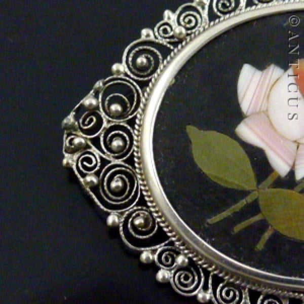 Pietra Dura Brooch, Framed in Silver Filigree.
