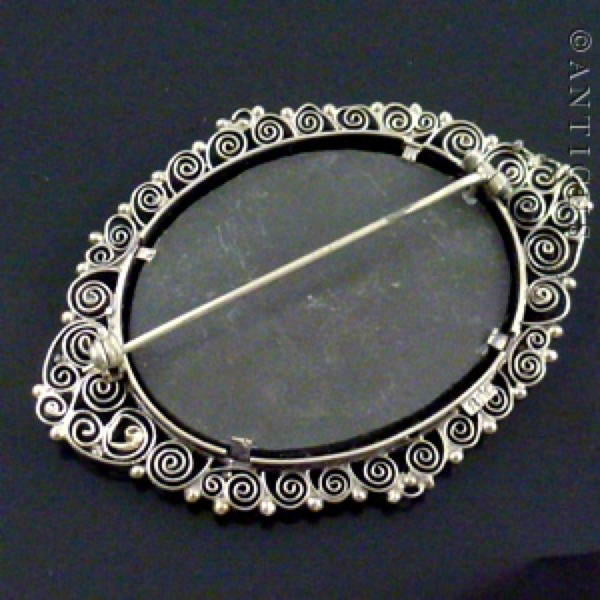 Pietra Dura Brooch, Framed in Silver Filigree.